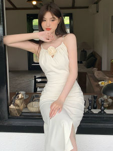 French Style Halter Neck Dress Women Summer 3D Flower Elegant Slit High Waist Slimming Bodycon Dress Commute Ladylike Skirt