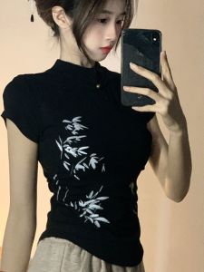 Summer New Pure Cotton Short Sleeve T-Shirt Womens Slim Fit Stand Collar Versatile Chinese Style Design Casual Leisure Wear