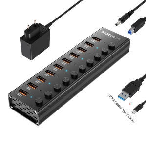 FORIDA USB 3.2Hub 10Gbps Aluminum 10 Port Splitter Split Switch with 12v Power Adapter for Macbook Mobile Phone Tablets