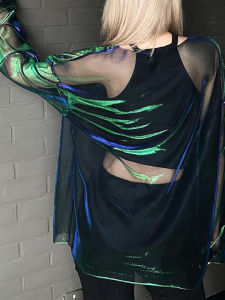 Áo Thun Xuyên Thấu Nữ Phong Cách Y2K Áo Crop Top Gợi Cảm Tay Dài Dáng Rộng Cổ Tròn Chất Liệu Lưới Phản Quang Trang Phục Egirl Club Size Trẻ Em