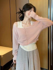 สไตล์เกาหลี ผู้หญิง แขนยาว เสื้อกล้าม ชุดถักต้น ฤดูใบไม้ร่วง คุณภาพสูงชุดสองชิ้นเดินทางปกติบล็อกสีพอดี