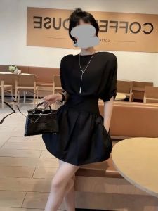 ชุดเดรสทรงเอคอปีนแขนสั้นสไตล์ฝรั่งเศส ทรงเข้ารูป เดรสยาวคลุมเข่า ผ้าโพลีเอสเตอร์ ชุดทำงานลำลอง ฤดูร้อน