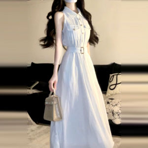 Y6Y | French Style Miu High Waist A-Line Long Dress White Sleeveless Shirt Dress Women Summer Waist Cinched Elegant A-Line Skirt