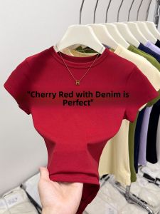 Red Slim Fit Pure Cotton Short Sleeve T-Shirt Womens Fashionable Luxury Casual Summer New Style Elastic Comfortable Top