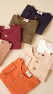 Kemeja Koko Anak Lengan Panjang Linen Crinkle - Motif Polos Warna Cerah