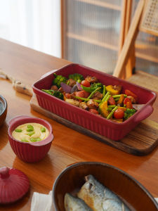 Large Size Rectangular Japanese Style Ceramic Baking Tray Steaming Dish Double Ear Soup Bowl Oven Safe Simple Style Dishware
