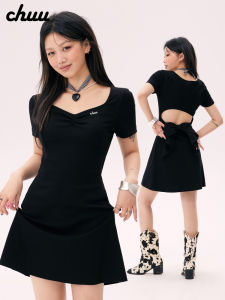 Chuu Hollow out Waist Dress Womens Summer New Butterfly Knot Embroidered V-neck Short Sleeve A-line Skirt High Waist Cotton Blend Elastic Fiber