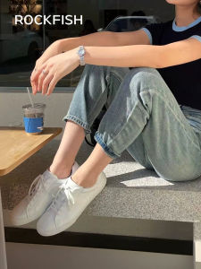 รองเท้าผ้าใบสีขาวสำหรับผู้หญิง Rockfish ทรงลำลอง หนัง ทรงหัวมน พื้นยาง ส้นหนา รองเท้าทำงาน ฤดูใบไม้ผลิ 2025