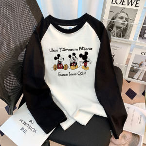 Girls Long Sleeve Cotton T-Shirt Spring Autumn Loose Fit Mickey Mouse Base Shirt Korean Style round Neck Cartoon Print Top