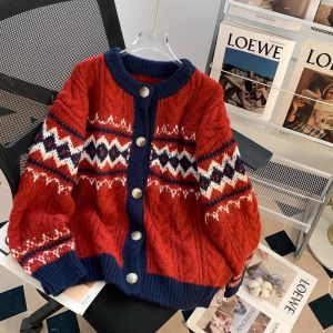 Áo Khoác Len Cardigan Dáng Rộng Màu Đỏ Cổ Tròn Dài Tay Mùa Thu Đông Cho Nữ Áo Khoác Ngoài Phong Cách Retro Mùa Lễ Hội