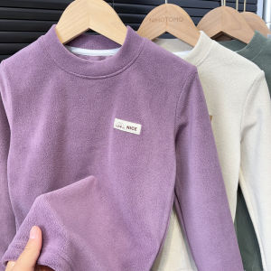 หนาขึ้น ยืดได้ ฤดูหนาว เสื้อยืดแขนยาวเด็กชายคอกลางสีบริสุทธิ์ ผ้าขนแกะ เสื้อฐานเรียงราย อุ่น เสื้อท่อนบน สําหรับเด็กกลางและเด็กโต