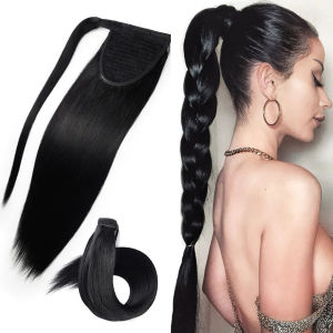 Tóc Giả Đuôi Ngựa Dài Thẳng 26 Inch Màu Đen Tự Nhiên Tóc Người Remy Kiểu Quấn Quanh Kẹp Tóc Mã 1B