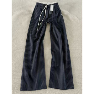 Quần Ống Rộng Kẻ Sọc Cạp Cao Mùa Hè Mỏng Cho Nữ Dáng Rộng Dài Thường Ngày Vải Polyester 100% Quần Dài Thẳng Phong Cách Công Sở Giản Dị