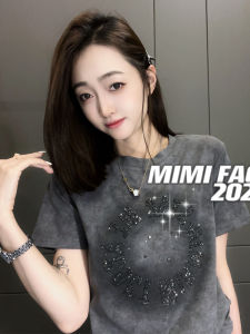 Summer New Womens Tie Dye Short Sleeve T-Shirt Rhinestone Print Slimming Fashionable Versatile Cotton Top Korean Style