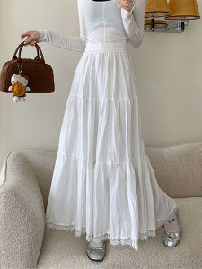 Gentle Wind Vintage Lace Trim Half Skirt Womens Loose Fit Splice Cake Skirt Long A-Line Skirt Korean Style Commute Pure Color