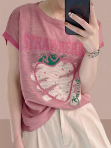 Áo Thun Tay Ngắn in Hình Dâu Tây Màu Hồng Mùa Hè Cho Nữ Dáng Rộng Thoải Mái Phong Cách Hàn Quốc Thời Trang Chống Lão Hóa Độc Đáo