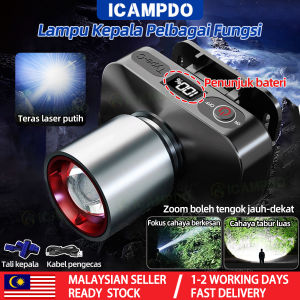 ICAMPDO Zoomable LED Headlight IPX5 Waterproof head torch light 3 Modes Type-C Charging headlamp Camping Hiking fishing Emergency bright touchlight