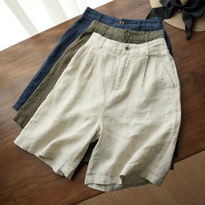 กางเกงขาสั้นผู้หญิงทรงตรงยาวครึ่งแข้งผ้าลินิน 14 ตัว ชุดทำงานฤดูร้อน สีพื้น เอวกลาง คอลเลกชั่นฤดูร้อน 2025