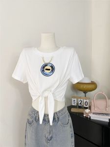 Rose Story Womens Short Sleeve T-Shirt White Crop Top Knot Design Summer Thin round Neck Print Sweet Cool Style Youthful