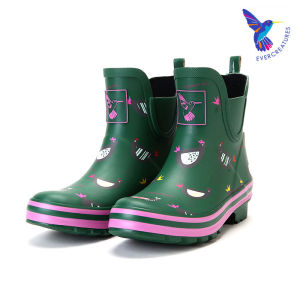 รองเท้าบู๊ตกันฝน Evercreatures สำหรับผู้หญิง พิมพ์ลายไก่ ทรงสั้น กันลื่น ผลิตจากยาง ด้านในทำจากผ้าฝ้าย ฤดูใบไม้ผลิและฤดูใบไม้ร่วง
