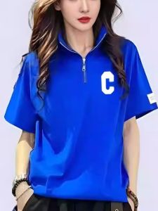 Pure Cotton Stand Collar Short Sleeve T-Shirt Womens Loose Fit Half Zipper Fashionable Letter Print Summer Korean Style
