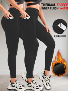 2 Pack Womens  Super Soft Thermal Fleece Lined Legging With Pockets High Waist Tummy Control Workout Yoga Running Pants