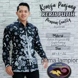 Baju batik pria dewasa batik lengan panjang pendek full furing batik wisanggeni solo motif kris putih hitam