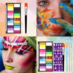 Dual-Tone Water Based Face & Body Paint Palette Makeup Kit with BrushesRainbow Stripe Split Cake Painting for CosplayHalloween