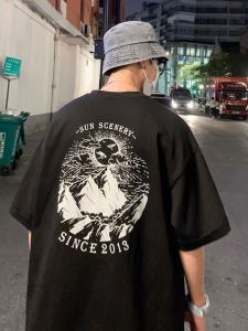 เสื้อยืดแขนสั้นผ้าฝ้ายแท้ทรงหลวมสำหรับผู้ชาย ฤดูร้อน แฟชั่นฮ่องกง เสื้อยืดแขนสั้น ทรงหลวม ไซส์ใหญ่ เสื้อยืดคู่