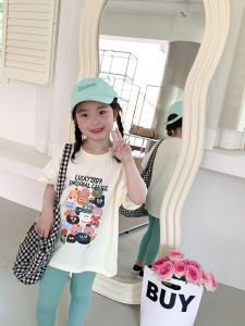 Áo Thun in Họa Tiết Hoạt Hình Dễ Thương Cho Bé Gái Mùa Hè Áo Thun Cotton Phong Cách Hàn Quốc Thường Ngày Rộng Rãi Cổ Tròn