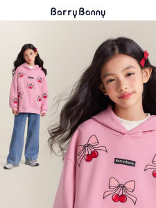 BarryBanny Girls Cherry Pink Hoodie Loose Top with Butterfly Knot Print Cotton Polyester Blend Autumn Winter Kids Clothing