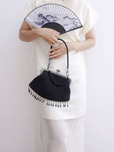 Retro Black Tassel Handbag Original Rainbow King Plum Blossom Satchel Mixed Material Shoulder Bag for Daily Use