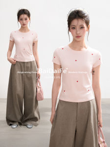 BAIDAIFEI | Summer New Short Fit Heart Embroidered T-Shirt