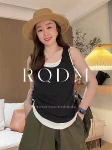 plus Size Womens Summer New Style Fake Two-Piece Vest Loose Slimming Versatile Base Shirt Top Outerwear for Plump MM