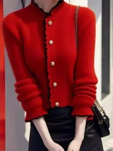 Lambswool Knitted Color Block Christmas New Year Red Sweater Coat Vintage Stylish Wood Grain Edge Collar Open Cardigan Winter