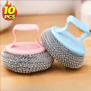 YESPERY 10Pcs Steel Wool Brush with Handle Scrubber Ball Stainless Steel Pot Dish Brush Kitchen Cleaning Tools