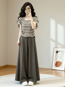 YINGKETUO | Age Reducing Slim Fit Korean Style Striped Short Sleeve High Waisted Outfit
