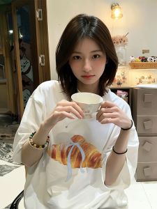 Loose Fit Cotton round Neck Short Sleeve T-Shirt Womens Summer Style Casual Print Creative Food Design Slimming Effect