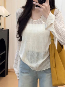 Áo Len Dệt Kim Dài Tay Chống Nắng Mỏng Thoáng Khí Cho Nữ Mùa Hè 2025 Áo Khoác Ngoài Dài Tay Cổ Tròn Màu Trơn Phong Cách Hàn Quốc