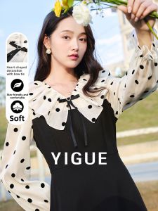 Yigue | Mid-length Polka Dot Bubble Sleeve Fashionable Elegance Patchwork Dress