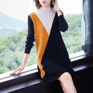 ชุดเดรสสเวตเตอร์ถักยาวปานกลางสำหรับผู้หญิงในฤดูใบไม้ผลิ ทรงหลวม คอสูงครึ่งตัว แฟชั่นใหม่ 2025 เสื้อเชิ้ตถักแบบสวมหัว