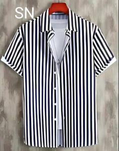 kemeja salur hitam putih lengan pendek katun pak Ganjar