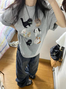 Summer Pure Cotton Grey Student Short Sleeve T-Shirt Women's Loose Fit Casual Style Round Neck Top Creative Animal Print