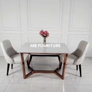 Set Meja Makan Top Marmer Putih Carrara Kaki Stainless Rose Gold Kursi dan Bench