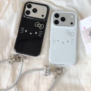 Sanrio | Fashion Black White Sanrio Hello Kitty Cute Shockproof Phone Case For iphone 17 16 15 Pro Max Gloss Hard Back Cover With Lanyard