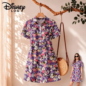 Disney | Minnie Womens Disney Mickey Mouse Print Polo Collar Dress Party Anime Streetwear Fashion Casual Clothes for Ladies Cartoon 2026