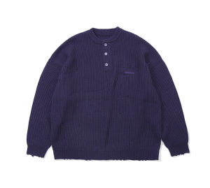 DAIKON Lab Vintage Street Casual Ripped Heavyweight Loose Henry Collar Sweater Long Sleeve Youth Winter Knittedwear