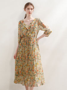 Miccbeirn | Silk Floral Print Maxi Dress High Waist Slimming A-Line Gown Summer Elegant Sweet Fairy Tale Vacation Style Bubble Sleeve Dress