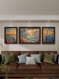 American-style living room decorative painting sofa background wall hanging European-style three-panel oil painting grand vintage mural with a high-end feel
