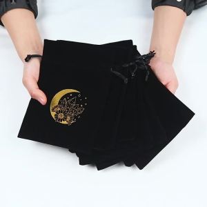 1PCS Black Velvet Jewelry Storage Bag with Drawstring Elegant Organizer Pouch for Rings Earrings& Small Jewelries with Gold Trim